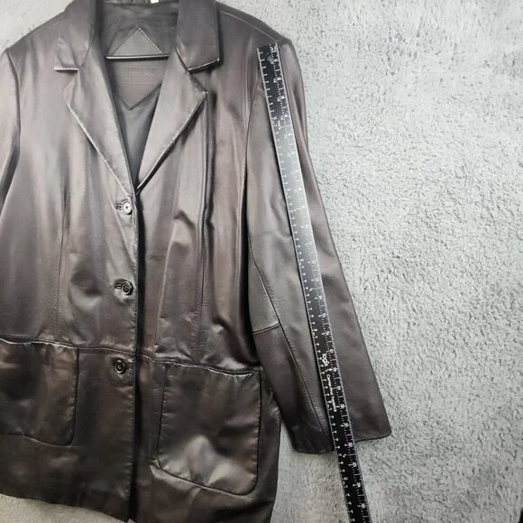 Women’s Genuine Black Soft Leather Jacket Extra Large Lined Button Down Overcoat - Picture 8 of 13